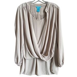 Double Click Blouse Top Womens Large Beige Coco Long Sleeve Faux Wrap Careerwear